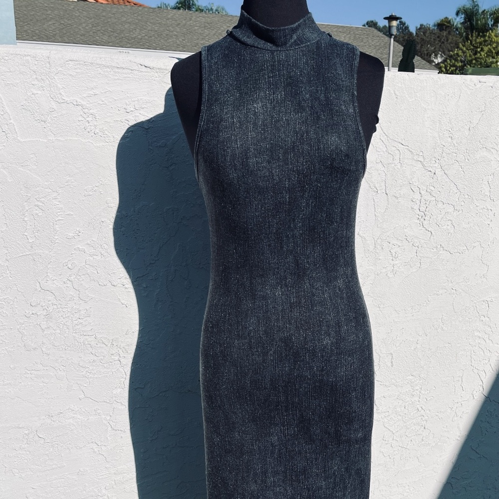 SAGA Dress Made in Italy Maxi Mock Turtle sleeveless blue/grey Florence split